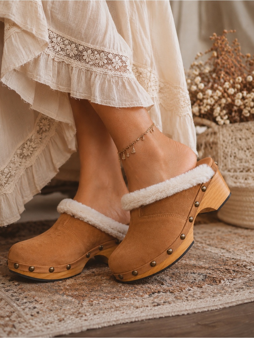 FREE PEOPLE Women's Tan Suede Shearling-Trim Nailhead Wood Clog Mules 41 NEW